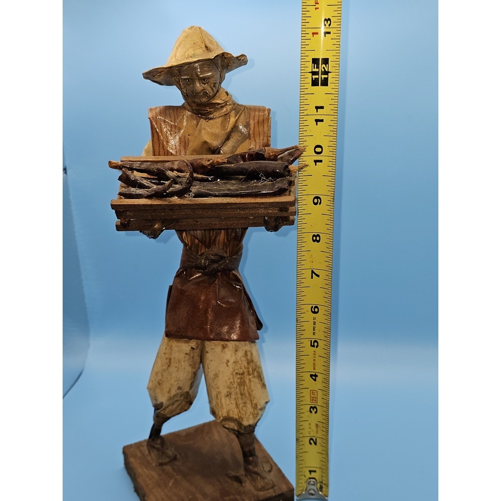 Vintage Mexican Paper Mache Figure 11.5" Farmer Carries Wood Box With Chili Pods